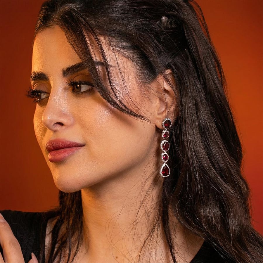 Silver Velora Earrings with Radiant Red Stones