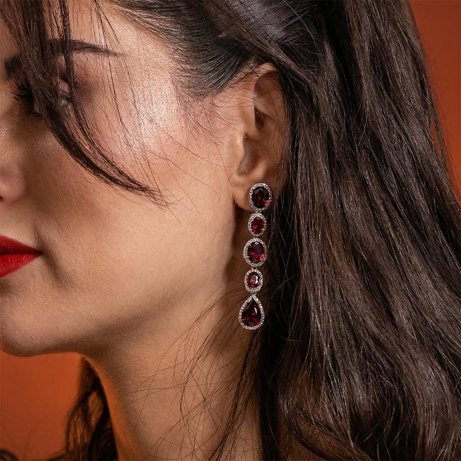 Silver Velora Earrings with Radiant Red Stones