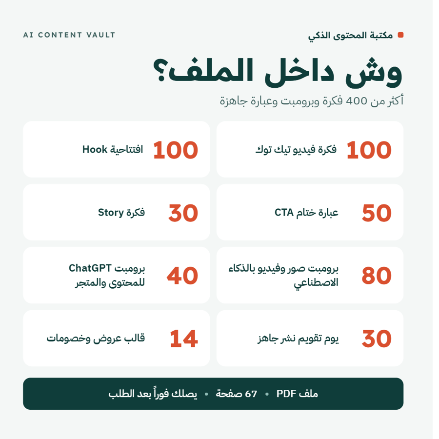 ملف مكتبة المحتوى الذكي 100 فكرة تيك توك و100 Hook وبرومبتات AI