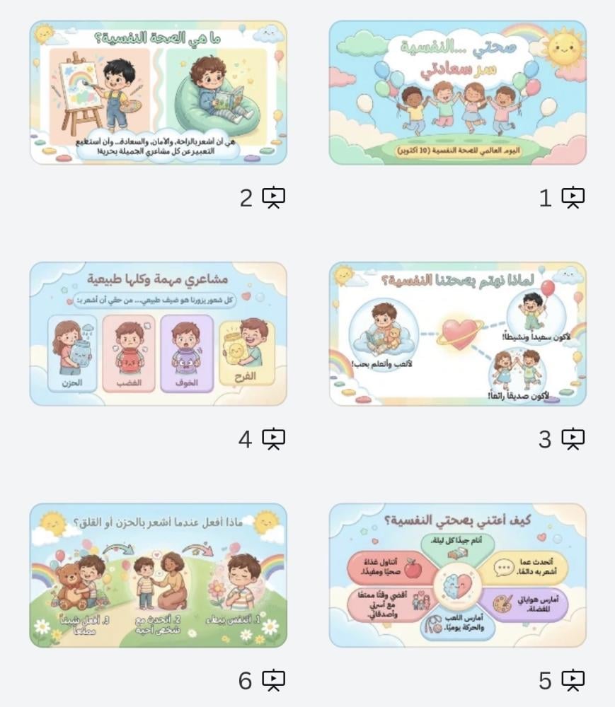عرض بوربوبينت عن اليوم العالمي للصحة النفسية للاطفال والابتدائية يحتوي على قراءة صوتية للشرائح بالذكاء الاصطناعي ومقطع فيديو ( 12 شريحة) مدتة ٦ دقائق تقريباً
