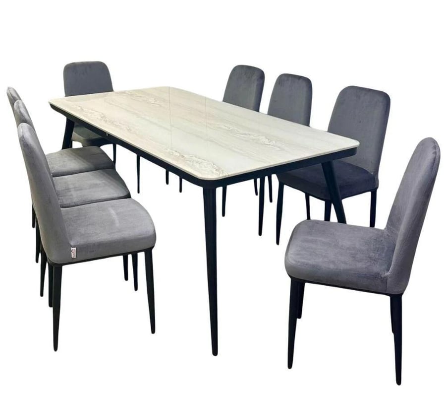 Dining table with marble surface and 8 chairs with iron bases