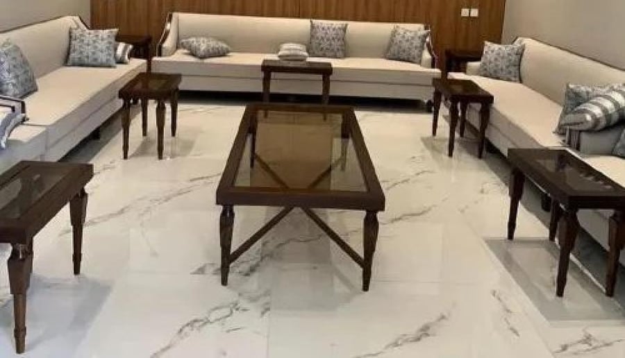 Wooden table set, transparent brown glass surface, 7 pieces
