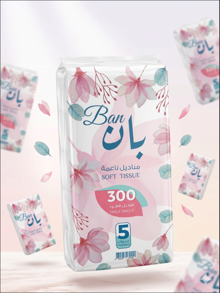 شدّة مناديل بان "رقة الورد" - 5 حبات × 300 منديل