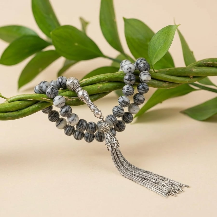 African Zebra stone rosary, natural gray