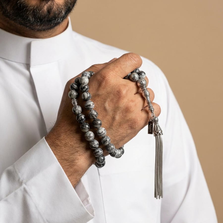 African Zebra stone rosary, natural gray