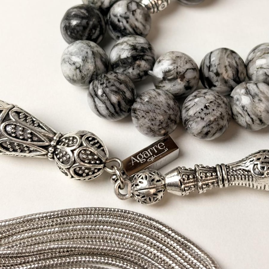 African Zebra stone rosary, natural gray