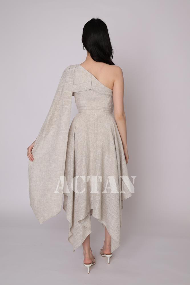 One-shoulder dress with uneven lengths, beige color