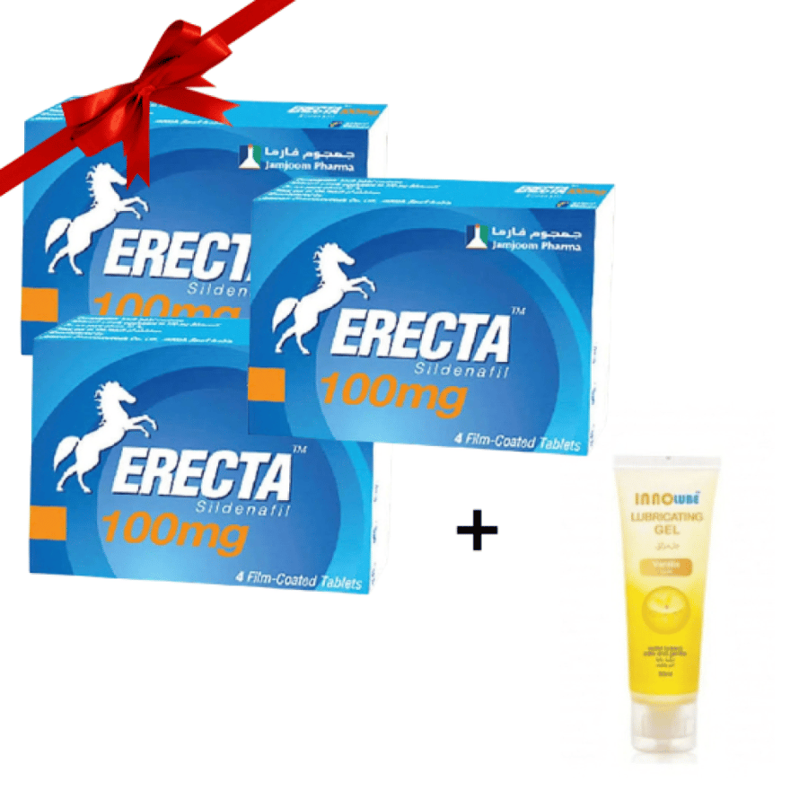 (عرض الباكدجات)ERECTA 100MG 4FCTAB/BOX 3 +اينو مزلق شخص - فانيلا 50مل