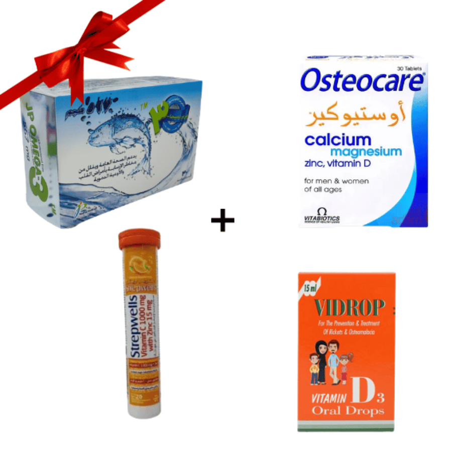 (عرض الباكدجات)  JP OMEGA-3 567MG 30SGCAP/BOX. +OSTEOCARE 30TAB/BOX+ STREPWELLS VITC1000MG+ZINC15MG 20EFFTAB + VIDROP VIT D3 ORAL DROPS 15ML/BOT.