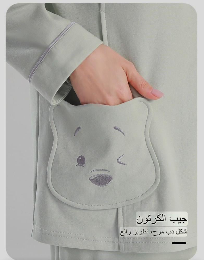 بيجاما الأمومة المريحة برسمة دبدوب وبتفاصيل عملية للأم-بفتحات تدعم الرضاعة -(وردي-زيتي)