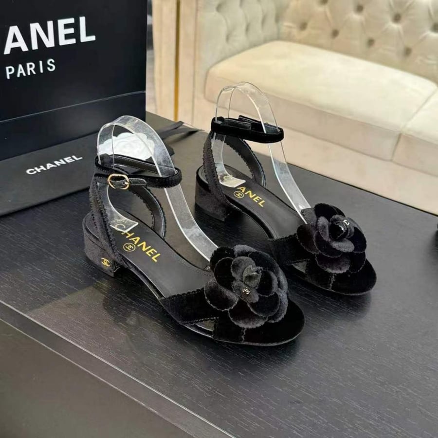 Chanel Velvet Pearl Sandals