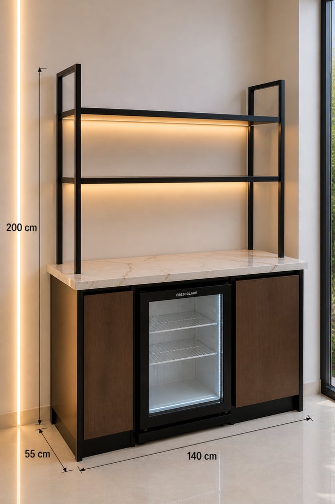 كورنر قهوة عصري مع أرفف خشب وإضاءة LED