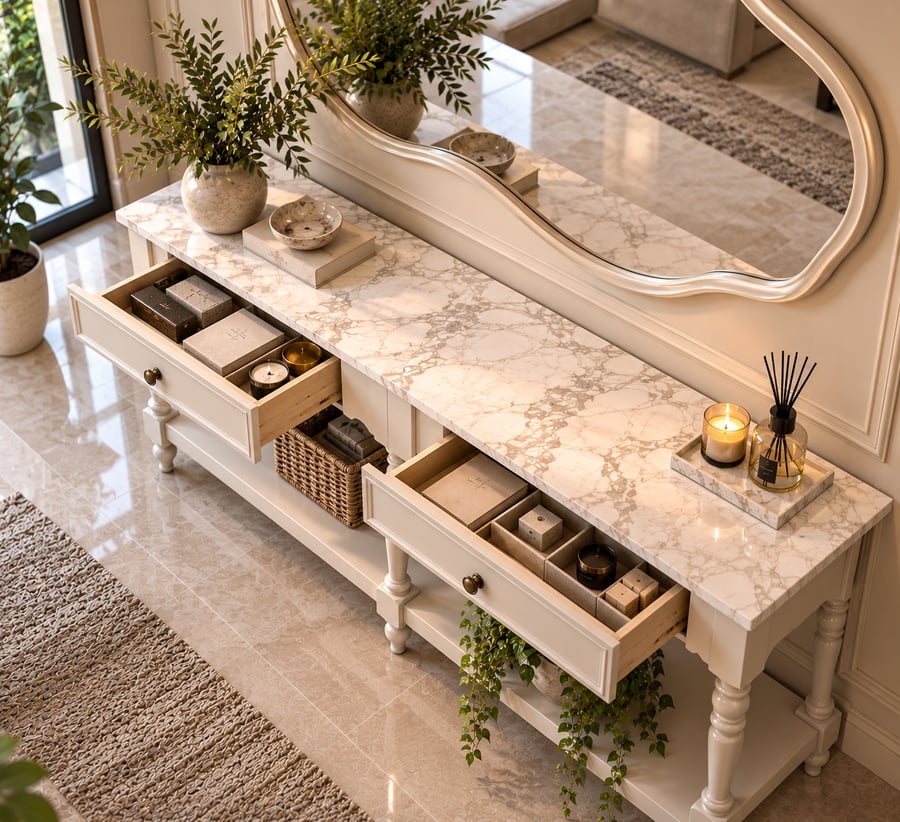 كونسول كلاسيك ريفي أوف وايت بسطح رخام صناعي منظر علوي