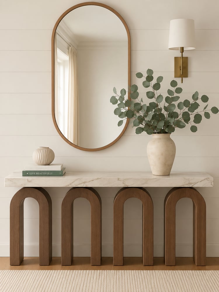 Walnut arch console with marble top and oval mirror modern style 2