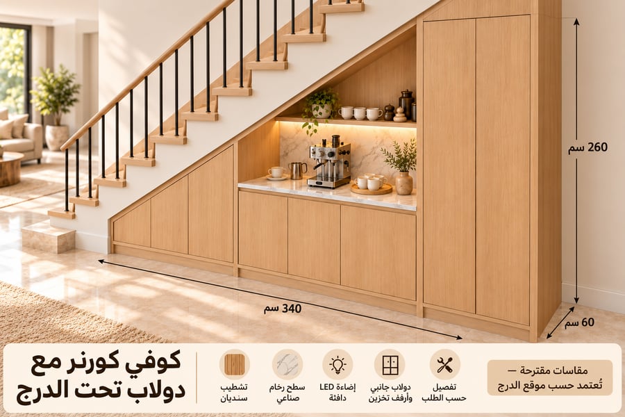 كوفي كورنر بتشطيب سنديان تحت الدرج مع دولاب جانبي وتخزين سفلي مواصفات