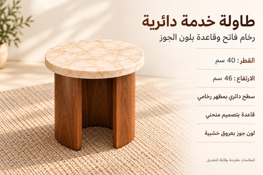 طاولة خدمة دائرية بسطح رخامي فاتح وقاعدة منحنية بلون الجوز