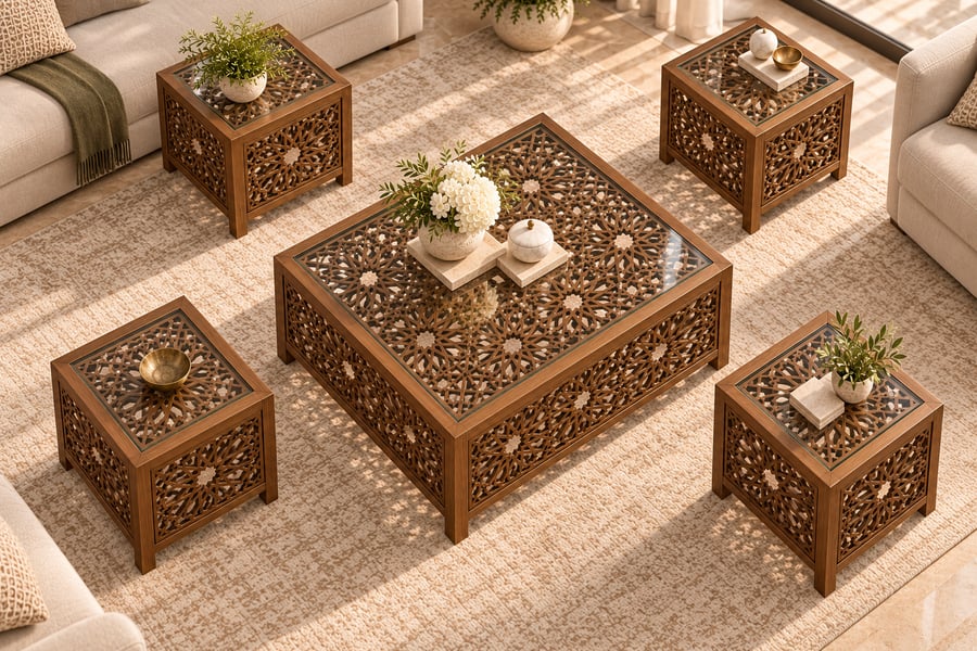 طقم طاولات من خشب السنديان بنقوش هندسية مفرغة وسطح زجاج شفاف علوي