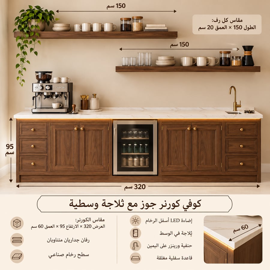 كوفي كورنر جوز كلاسيكي بسطح رخام صناعي وإضاءة مخفية مواصفات