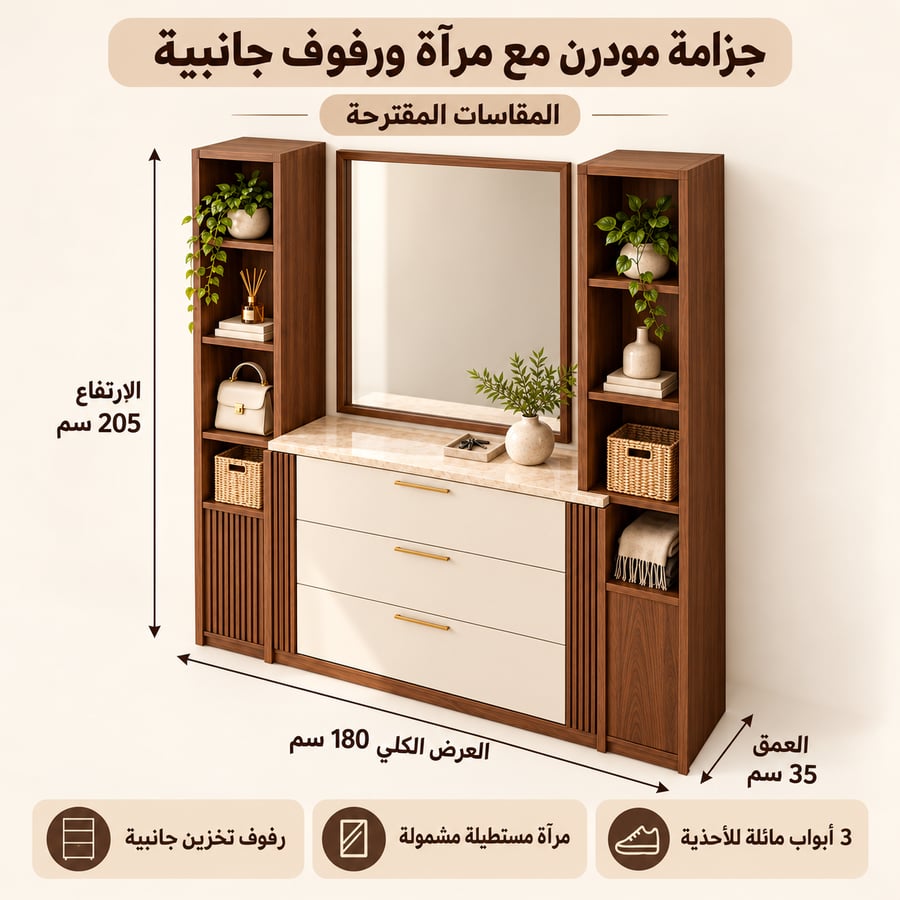 مقاسات جزامة بمرآة ورفوف جانبية