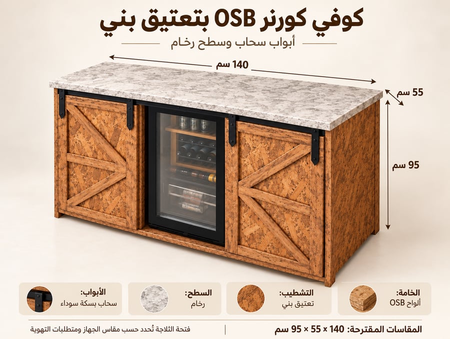 كوفي كورنر من خشب OSB بتعتيق بني بابين سحاب وسطح رخام  مواصفات