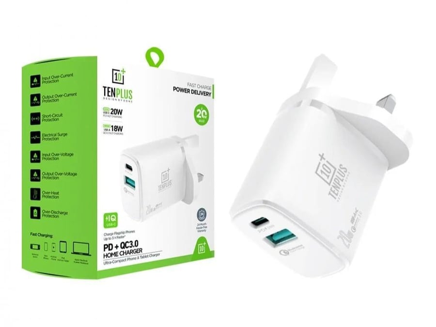 Wall charger from TENPLUS with 20-watt PD USB power, white
