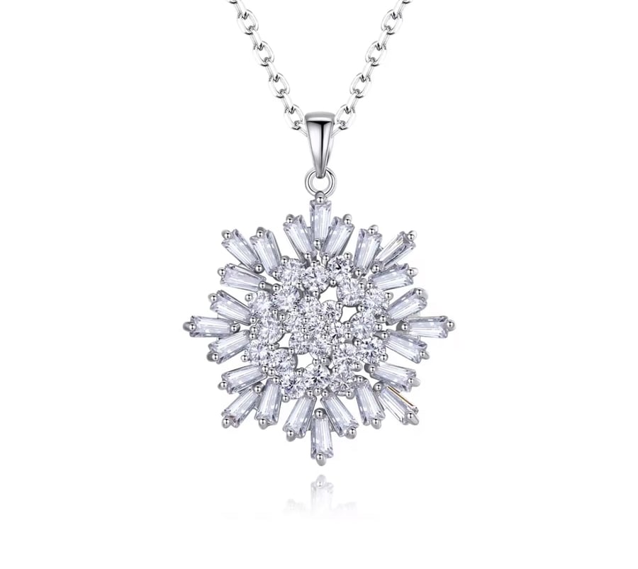 Luxurious necklace with a chain and pendant encrusted with zircon and plated with white gold