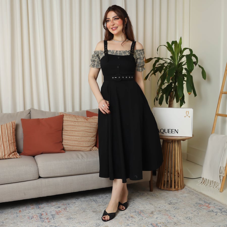 Black midi dress with checkered sleeves