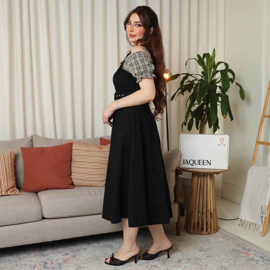 Black midi dress with checkered sleeves