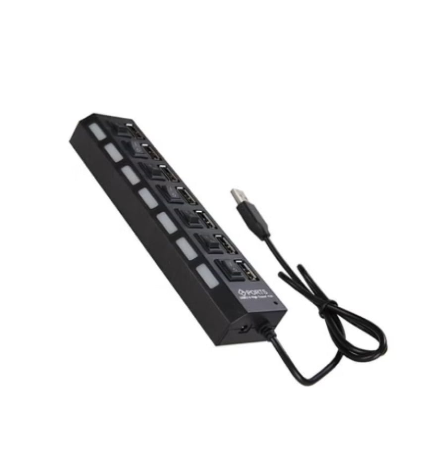 موزع USB 2.0 بـ 7 منافذ مع مفتاح تشغيل فردي ومؤشر LED أسود
