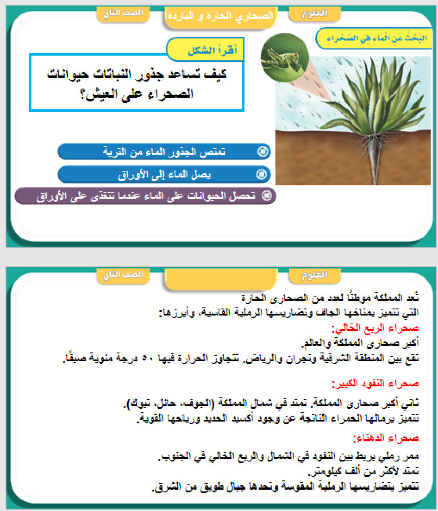 علوم الصف الثاني الوحدة الثانية   الفصل الرابع  أنواع المواطن الدرس الأول   الصحاري الحارة الباردة
