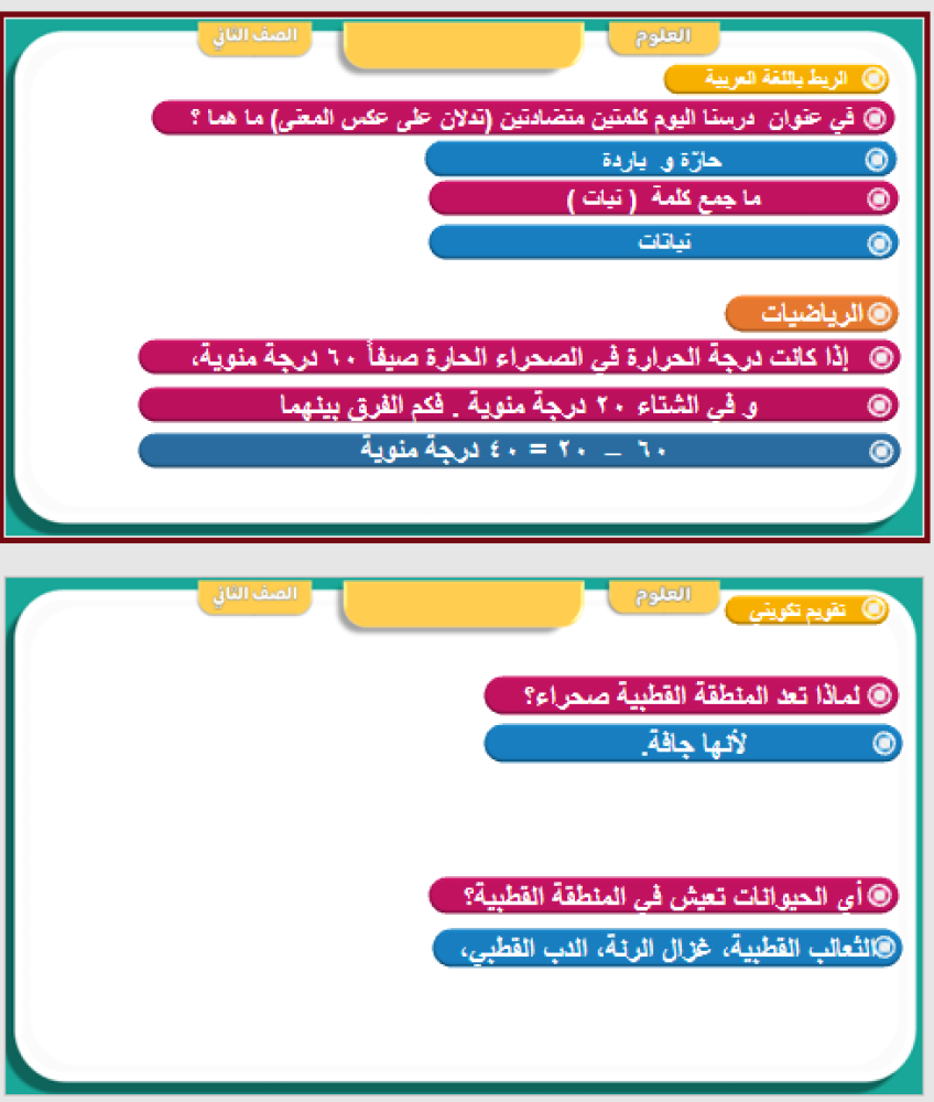 علوم الصف الثاني الوحدة الثانية   الفصل الرابع  أنواع المواطن الدرس الأول   الصحاري الحارة الباردة