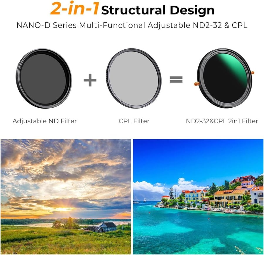 K&F Concept 77MM Multi-functional CPL+Variable ND2-32 Filters,Ultra-thin, HD,With toggle and a vacuum cleaning cloth, green coated, NANO-D series