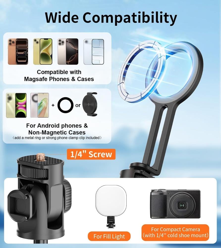 TONEOF 175cm Magnetic Selfie Stick Phone Tripod, Camera Tripod for Magsafe