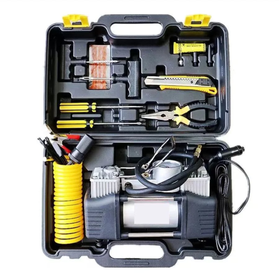 ماطور هوا منفاخ إطارات سيارة احترافي 12V مزدوج الأسطوانة مع حقيبة وعدة إصلاح الكفرات