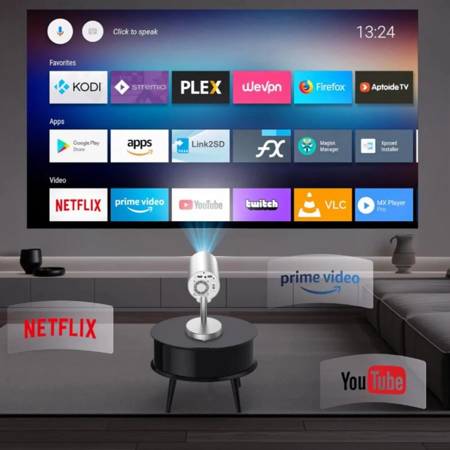 بروجكتر ذكي اندرويد 13 بدقة 4K وسماعة خارجية  ودوران 90ْ