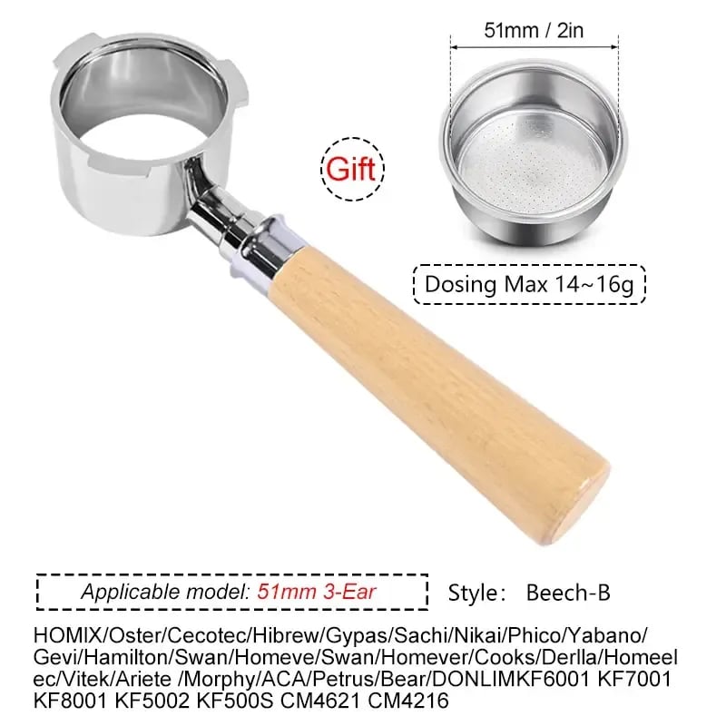 فلتر القهوة بدون قاع مقاس 51 مم مع سلة أكواب لآلة الإسبريسو Homix Hibrew h11 Oster Cecotec Phico Brayer br1101