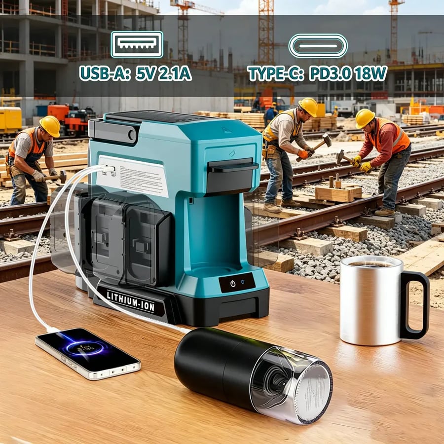 ماكينة تحضير القهوة اللاسلكية للتنقيط - تعمل بالبطارية مع مطحنة قهوة، متوافقة مع ماكيتا، ديوالت، بوش، وميلووكي، مثالية للتخييم، مواقع البناء، والرحلات البرية