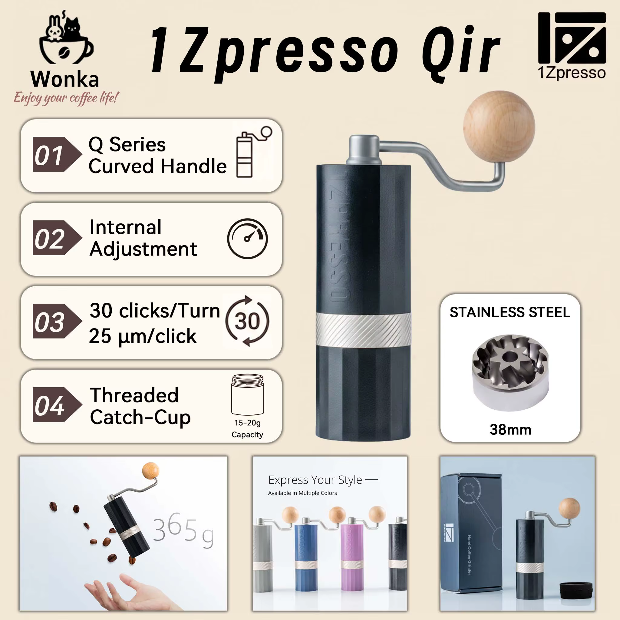 مطحنة قهوة يدوية محمولة 1Zpresso Q Air للإسبريسو والقهوة المختصة