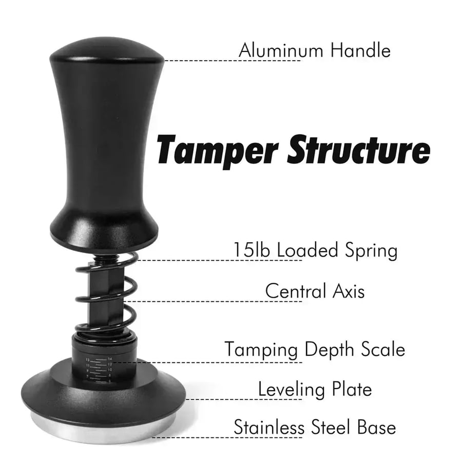 Professional adjustable espresso tamp with depth indicator and wave pattern - balanced coffee tamping tool made of stainless steel