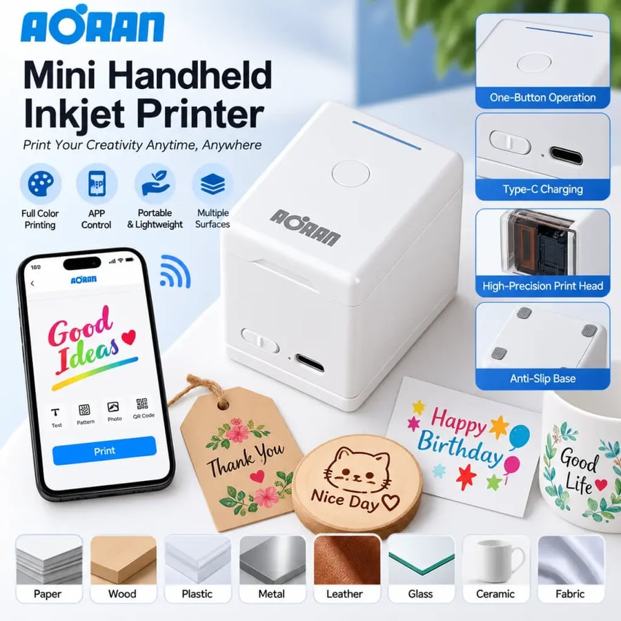 طابعة الطعام المحمولة AORAN PrintMini، طابعة حبر صالح للأكل ملونة، آلة طباعة عبر التطبيق للقهوة واللاتيه والكعك والبسكويت والخبز والماكارون