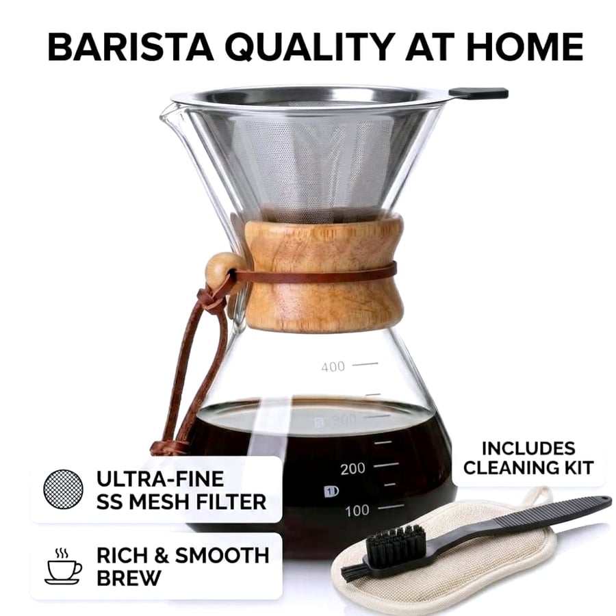 Pour Over Coffee Maker Set, Glass Carafe with Reusable Steel Filter, Wood Collar, Cleaning Brush & Cloth Brewer Kit