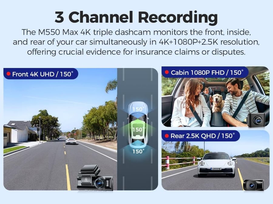 داش كام  Azdome M550 MAX  - تصوير امامي وخلفي وداخلي بجودة 4K