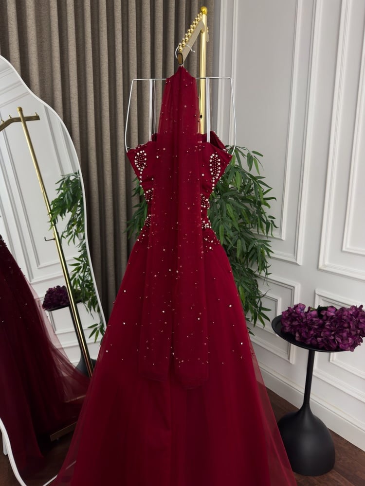 Evening dress tulle embroidery pearl zircon flared