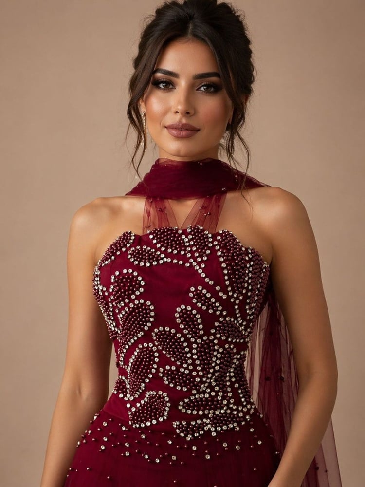 Evening dress tulle embroidery pearl zircon flared