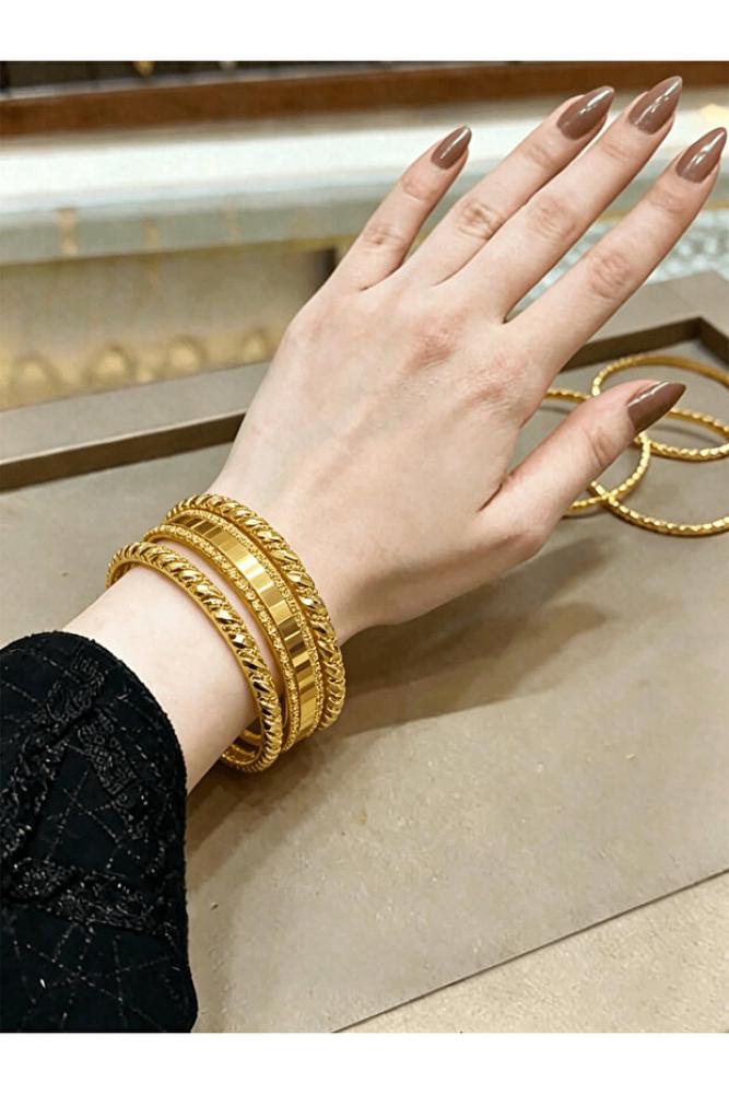 طقم من 3 قطع: أساور نسائية مطلية بالذهب عيار 24 قيراط بتصميم ملتوي عتيق قابلة للتكديس – مجوهرات فاخرة بأسعار معقولة للمناسبات والأعياد والحفلات