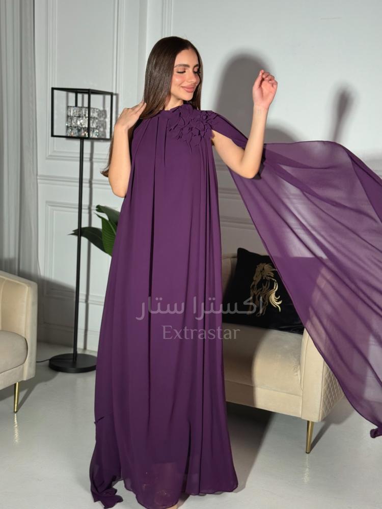 فستان موف بوردة على الرقبة وكم كيب منسدل