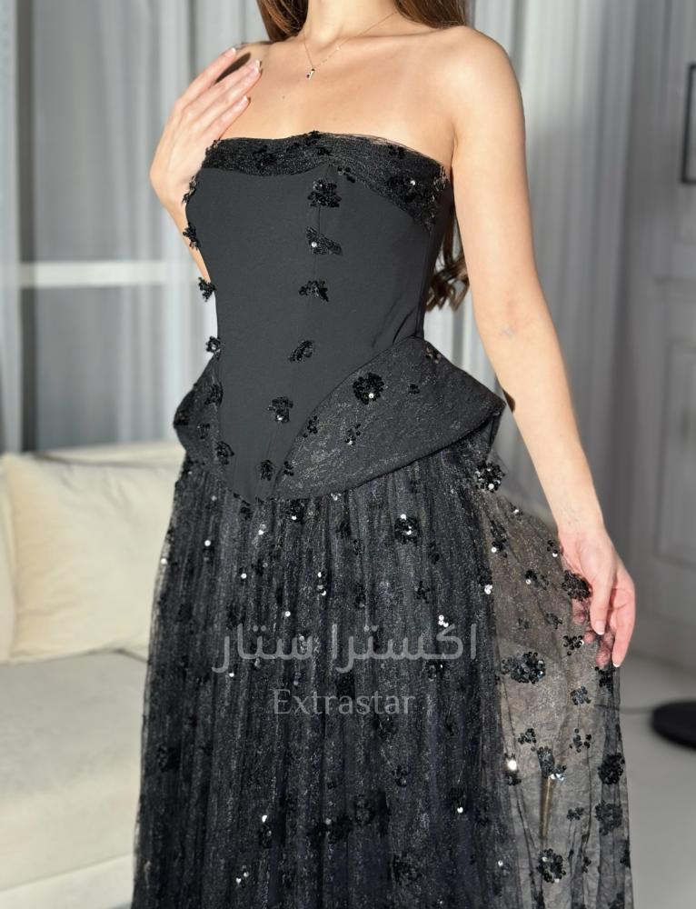 Black embroidered velvet corset dress