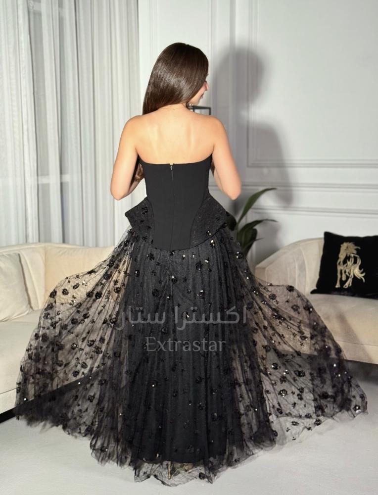Black embroidered velvet corset dress