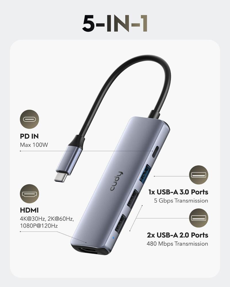 كودي موزع USB C، محول USB C متعدد المنافذ 5 في 1 مع بي دي 100 واط، اتش دي ام اي 4 كيه، 3 منافذ بيانات USB-A من الالومنيوم لماك بوك وجالكسي وسيرفس واكس بي اس وايباد UH405