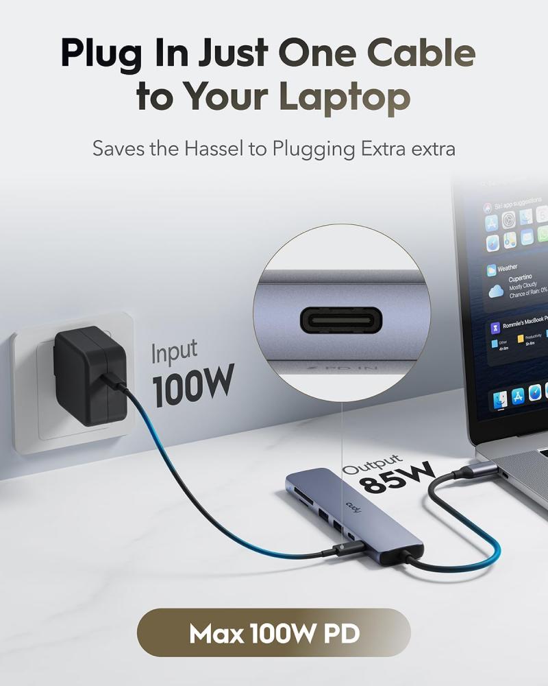 كودي موزع USB C متعدد المنافذ 7 في 1 مع HDMI 4K وفتحة SD وفتحة TF و2 USB-A 3.2 و1 USB-C 3.2 وPD 100 واط متوافق مع ماك بوك وسيرفيس وايباد UH407